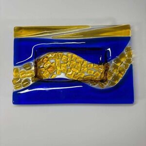Vintage Fused Art Glass Geometric Rectangle Plate Dish Decorative Blue‎ Yellow